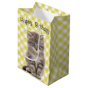 Birthday Gray Kitten on Gingham Mittlere Geschenktüte