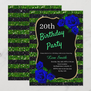 Birthday Green Black Stripe Glitzer Deep Blue Rose Einladung