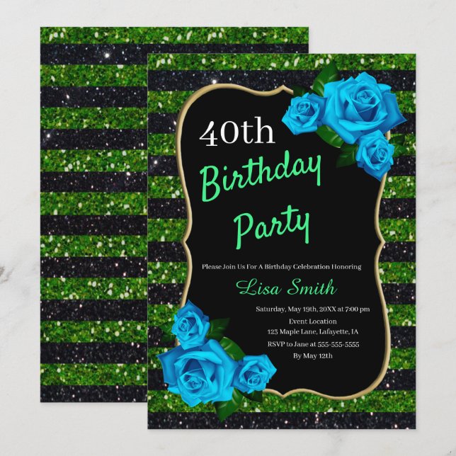 Birthday Green Black Stripes Glitzer Blau Rose Einladung (Vorne/Hinten)