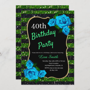 Birthday Green Black Stripes Glitzer Blau Rose Einladung
