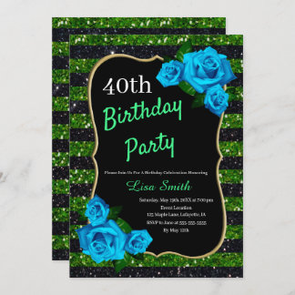 Birthday Green Black Stripes Glitzer Blau Rose Einladung
