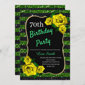 Birthday Green Black Strips Glitzer Gelbe Rosen Einladung