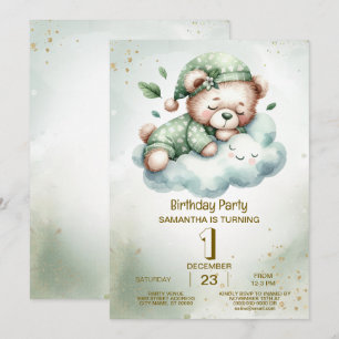 Birthday Green Boho Schlafteddy Bär Niedliches Par Einladung