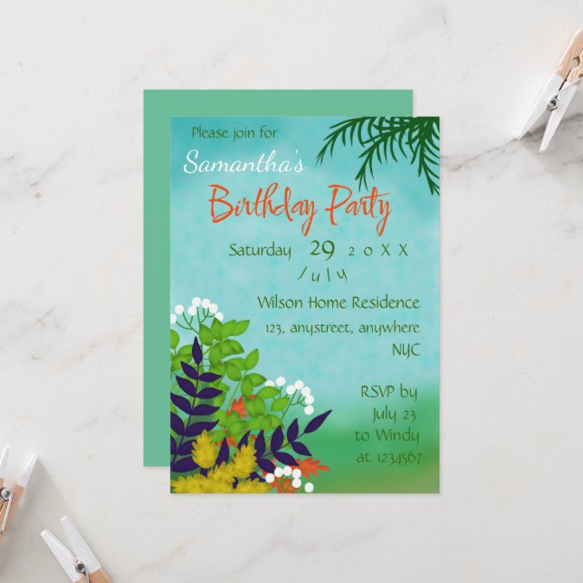 Birthday Green Garden Blue Sky Thema Einladung (Vorderseite/Rückseite Beispiel)