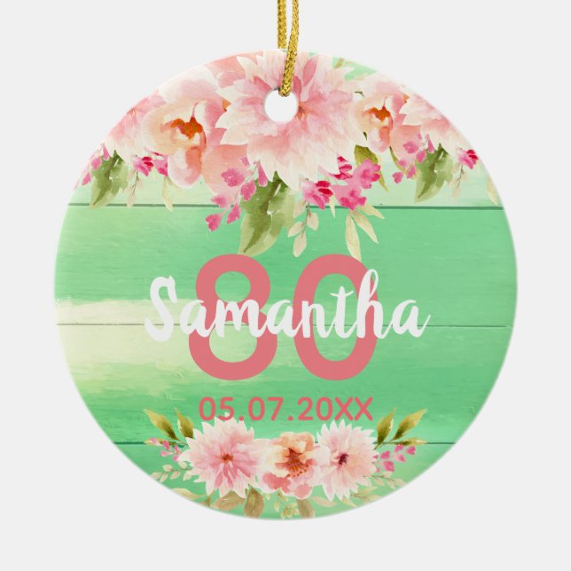 Birthday grün Wald Rosa Blumen rustikalen Namen Keramik Ornament (Vorne)