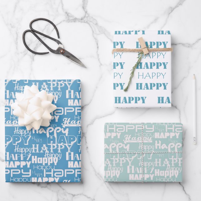 Birthday Happy White Aqua Geschenkpapier Set (Vorderseite)