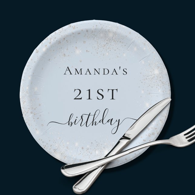 Birthday hellblauer Glitzer Staub monogramm Pappteller (Von Creator hochgeladen)