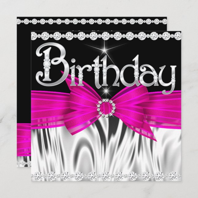 Birthday Hot Pink Bow Black Silver Party Einladung (Vorne/Hinten)