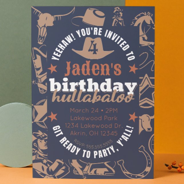 "Birthday Hullabaloo" Kid Cowboy Western Geburtsta Einladung (cowboy "birthday hullabaloo" party invitation customizable. blue and tan, western theme )