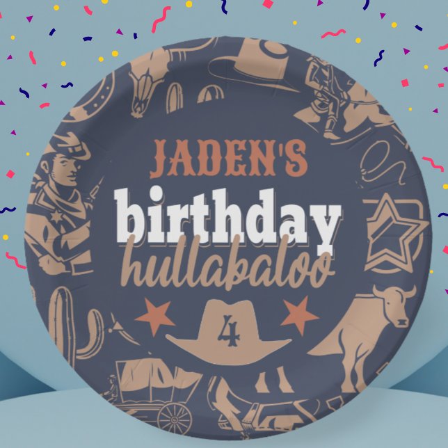 "Birthday Hullabaloo" Western Cowboy Party Pappteller (birthday hullabaloo cowboy plate western Wild West theme blue orange tan white colors custom name)