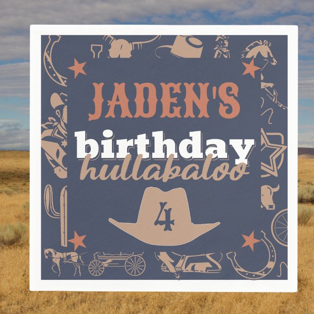 "Birthday Hullabaloo" Western Cowboy Party Serviette (cowboy western Wild West cowboy hat birthday hullabaloo party napkin blue white orange)