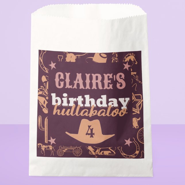 "Birthday Hullabaloo" Western Cowgirl Party Geschenktütchen (cowgirl birthday hullabaloo cowboy theme western Wild West theme custom name and age purple and pink)