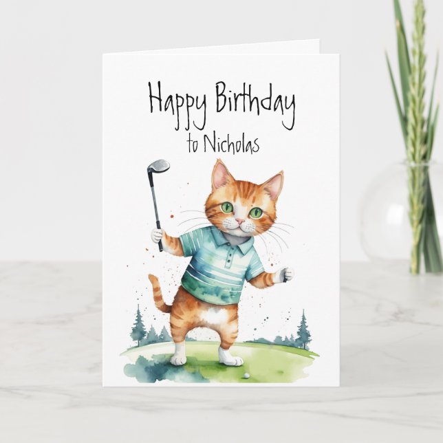 Birthday Individuelle Name Cat Golfing Karte (Vorderseite)