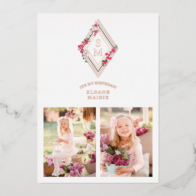 Birthday Initials 2 Photos Rose Gold Effect Floral Folieneinladung (Vorderseite)