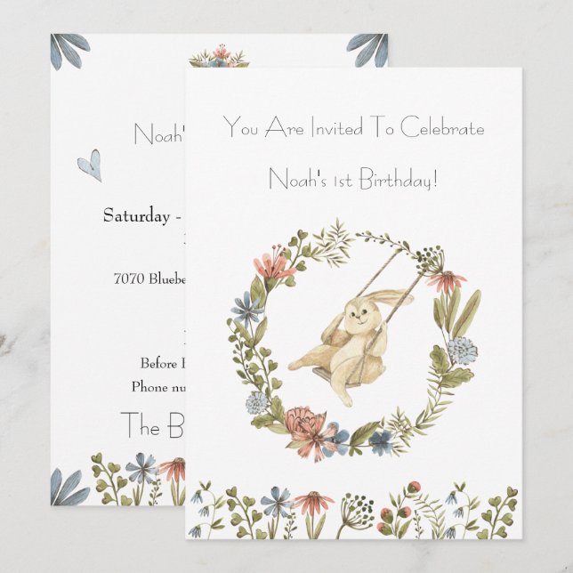 Birthday Invitation (12,7 x 17,8 cm) - Rabbit Einladung (Vorne/Hinten)