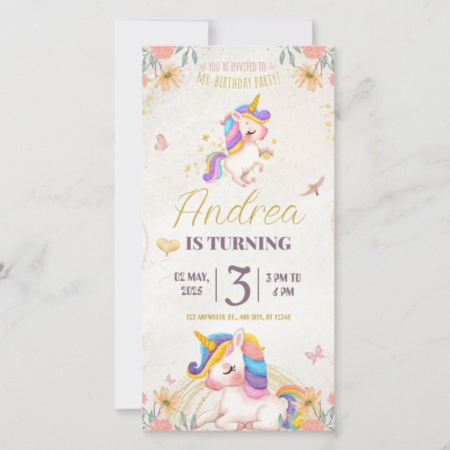 Birthday invitation card. Unicorn for Girls (Vorderseite)