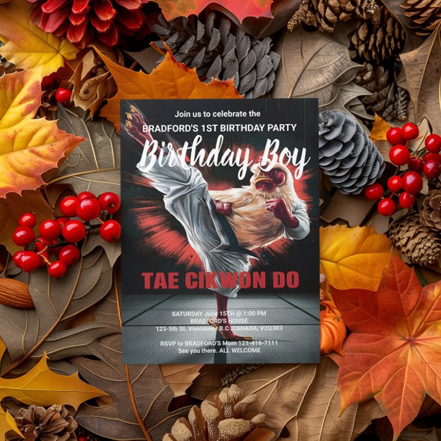 Birthday Invite Chicken Kicking Punching Bag Postkarte (Von Creator hochgeladen)