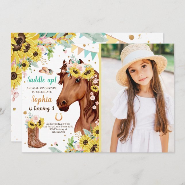 Birthday Invite Girl Sunflowers Pony Einladung (Vorne/Hinten)