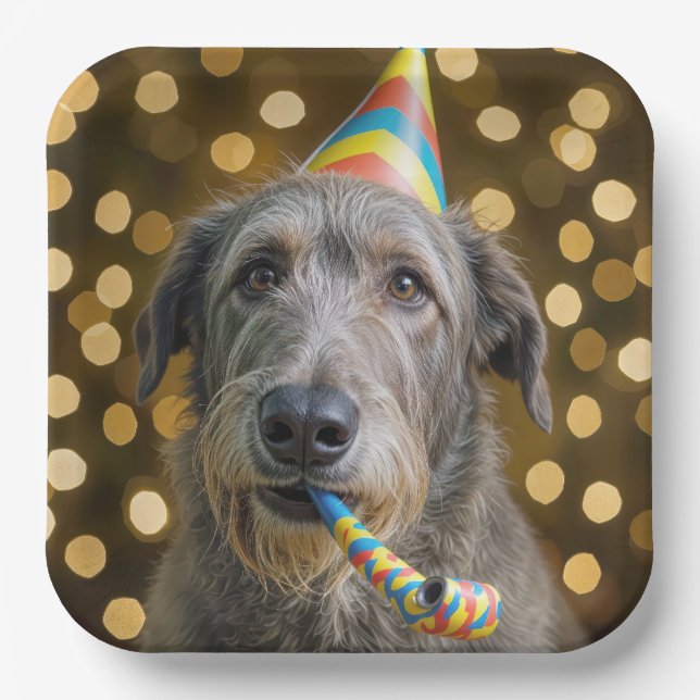 Birthday Irish Wolfhound Dog With Party Hat Pappteller (Vorderseite)