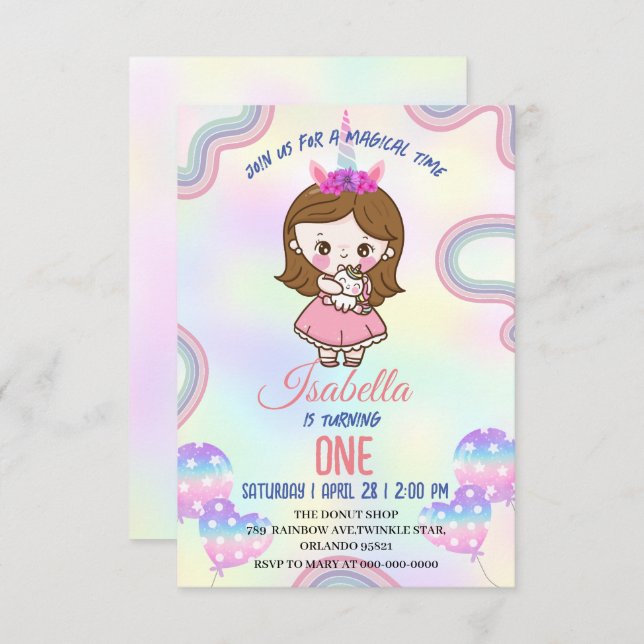 Birthday Kawaii Regenbogen Einhorn Party für Mädch Dankeskarte (Vorne/Hinten)