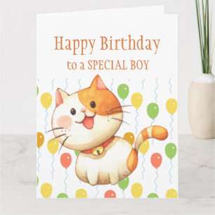 BIRTHDAY KIDS Orange Cat Kitten Farbige Balloons  Karte