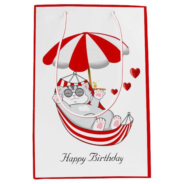 Birthday Kitten in Red & White Hammock Medium Gesc Mittlere Geschenktüte (Vorderseite)
