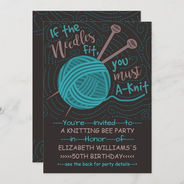 Birthday Knitting Bee Party | Funny Knitting Yarn Einladung (Vorne/Hinten)