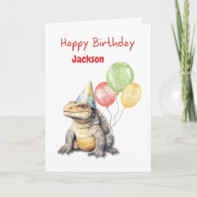 Birthday Komodo Dragon Lizard Party Hat Balloons Karte (Vorderseite)