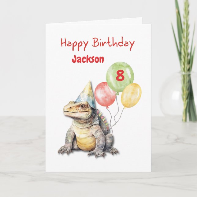 Birthday Komodo Dragon Lizard Party Hat Balloons Karte (Vorderseite)
