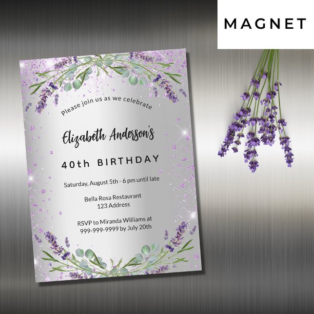 Birthday Lavendel silber eucalyptus luxus Magneteinladung (Von Creator hochgeladen)