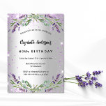 Birthday Lavendel Silber Eukalyptus grün Einladungspostkarte<br><div class="desc">Ein silbernes Imitat mit violettem Imitat Glitzer,  Glitzern,  Lavendelblumen,  Blume und Eukalyptusgrün. Personalisieren und fügen Sie Ihren Namen und die Party-Details.</div>