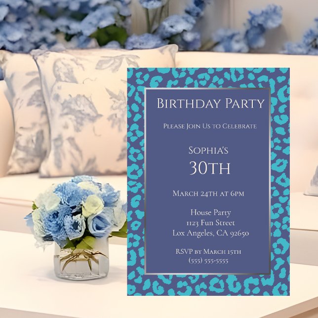 Birthday-Leopard-Muster-Blau- Einladung (Birthday-Leopard Pattern-Blue-Birthday Invitation )