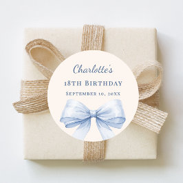 Birthday light blue bow ivory runder aufkleber