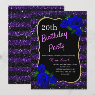 Birthday Lila Black Strip Glitzer Deep Blue Ros Einladung