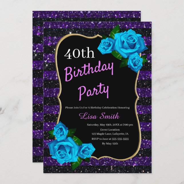 Birthday Lila Black Stripes Glitzer Blue Rose Einladung (Vorne/Hinten)