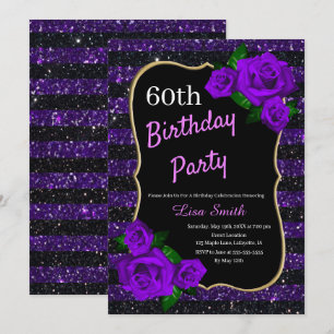 Birthday Lila Black Stripes Glitzer Lila Rose Einladung