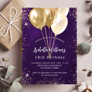 Birthday lila Gold Glitzer Ballons Luxus Einladung