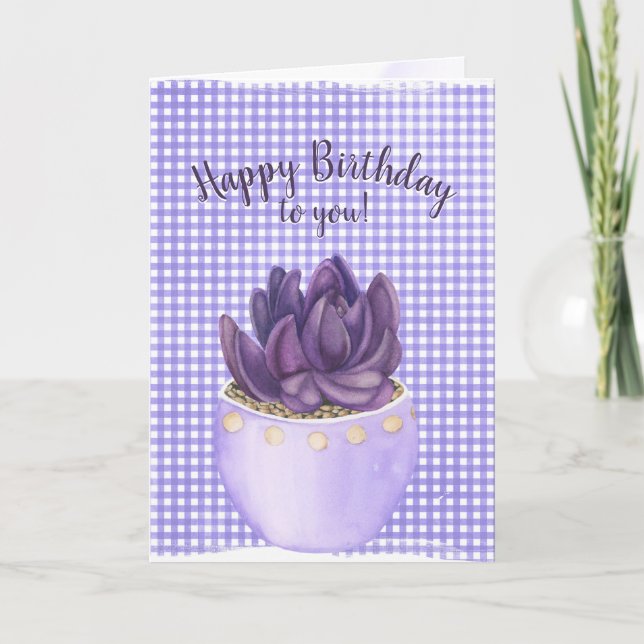 Birthday Lila Potted Succulent auf Gingham Karte (Vorderseite)
