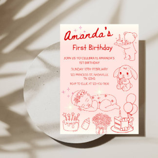  Birthday Line Art Girl’s 1st Birthday Party Einladung