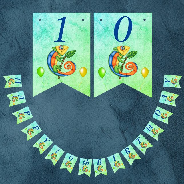 Birthday Lizard Balloons Vibrancolor Blue Green Wimpelkette (Cartoon Lizard vibrant colours stick with leaf on blue green kids birthday party banner decoration.)