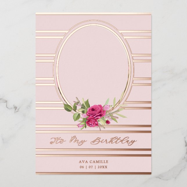 Birthday Luxe Pink Floral Garland Foto Folieneinladung (Vorderseite)