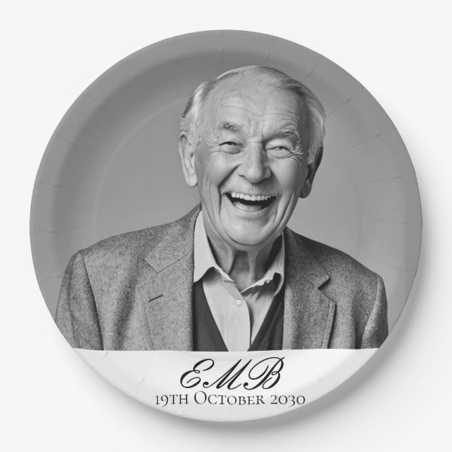 Birthday Male Stilvolles Foto Schwarz-weiß Monogra Pappteller (Vorderseite)