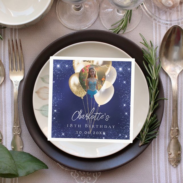 Birthday Marine Blau Glitzer Goldballons Foto Serviette (Von Creator hochgeladen)