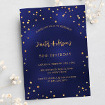 Birthday Marine blaue goldene Sterne Party Luxus Einladung<br><div class="desc">Eine Geburtstagsfeier für ihn und sie. Ein marineblau mit goldenen Sternen dekorierter Hintergrund mit Imitaten. Die blaue Farbe ist ungleichmäßig. Personalisieren und fügen Sie einen Namen und Party-Details hinzu. Golden farbiger Text. Zurück: marineblau Hintergrund und goldene Sterne.</div>