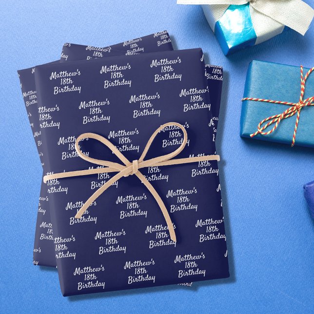 Birthday Marine blaue weiße Namen Skript minimalis Geschenkpapier Set (Von Creator hochgeladen)