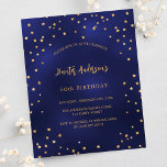 Birthday Marine Blue Gold Sterne Budget Einladung<br><div class="desc">Eine Geburtstagsfeier für ihn und sie. Ein marineblau mit goldenen Sternen dekorierter Hintergrund mit Imitaten. Die blaue Farbe ist ungleichmäßig. Personalisieren und fügen Sie einen Namen und Party-Details hinzu. Golden farbiger Text. Zurück: marineblau Hintergrund und goldene Sterne. 1 Blatt = 1 Einladung mit Druckkante bis Kante.</div>