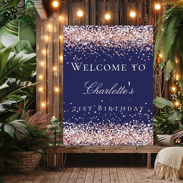 Birthday Marine Blue Rose Gold Glitzer Empfang Poster (Von Creator hochgeladen)