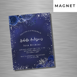 Birthday marineblaue Blumen silberne Glitzern Luxu Magneteinladung