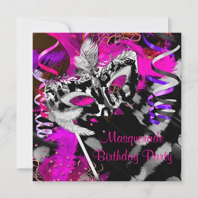 Birthday Masquerade Party Ball Black Silver Pink Einladung (Vorderseite)