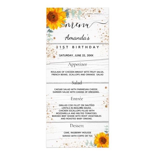 Birthday Menu Sonnenblumen aus weißem Holz Glitzer Werbekarte (Vorne)